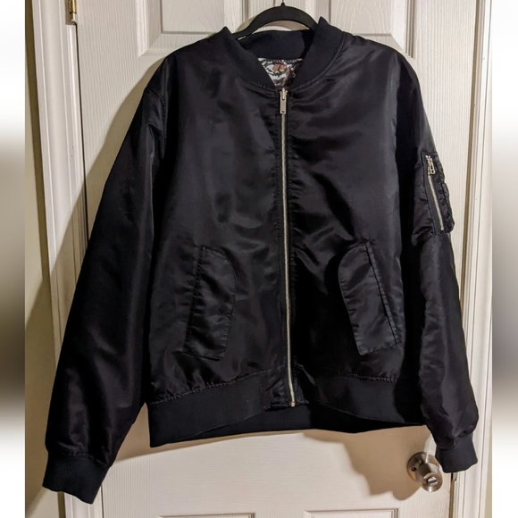 Sanctuary Reversible Bomber Jacket Men's XL Black Satin Camouflage Fall Winter - Picture 1 of 11